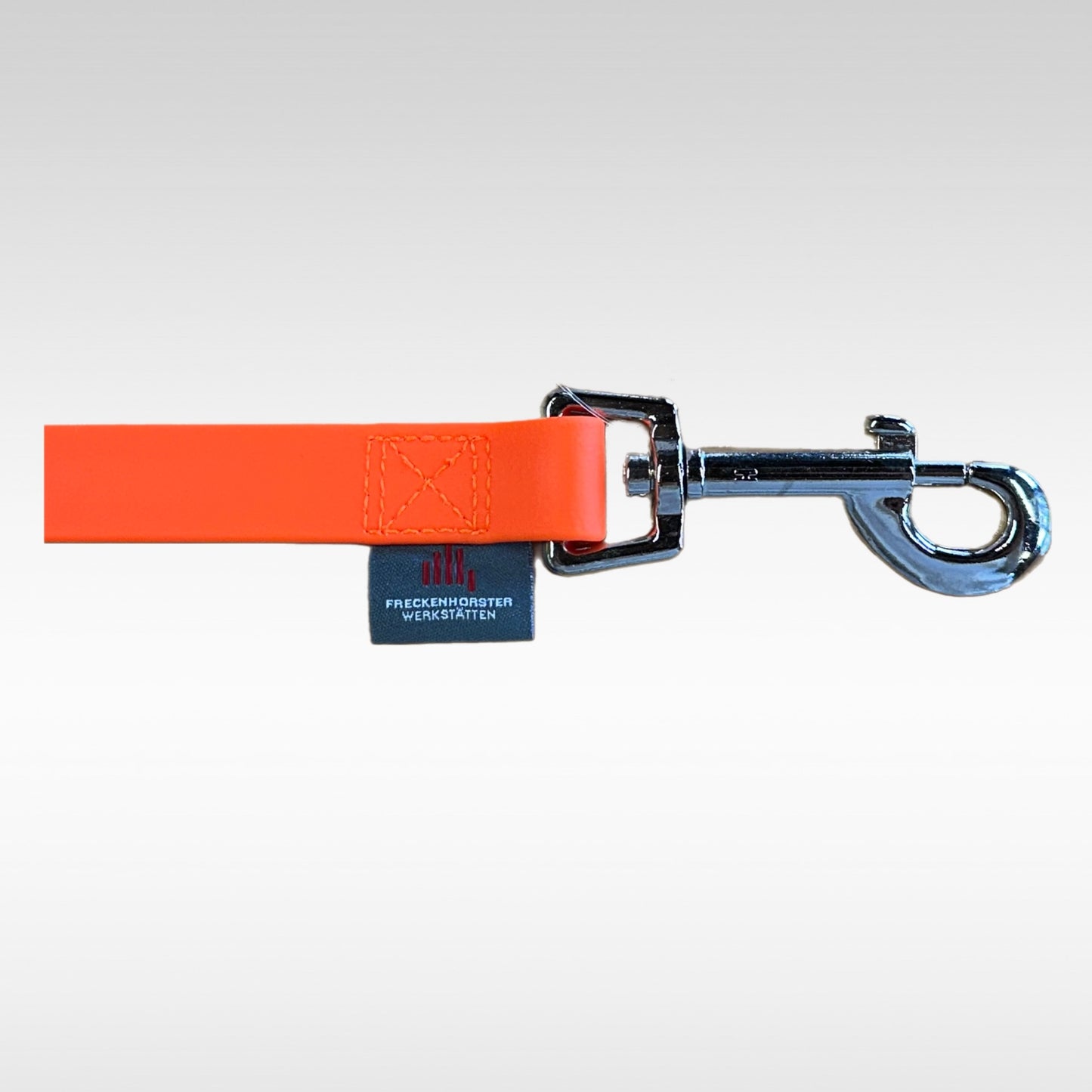 Karabiner einer orangenen 19mm breiten BioThane Leine