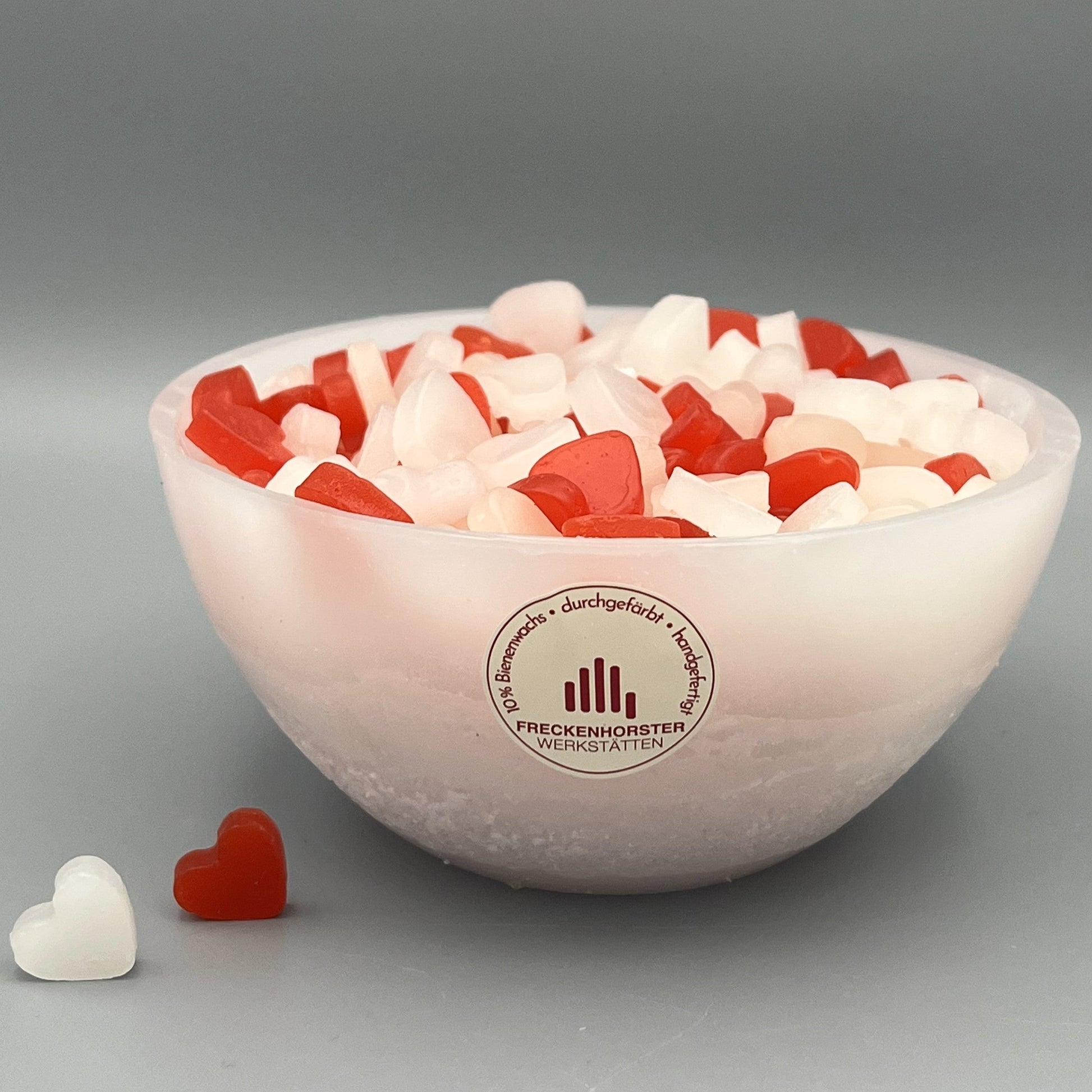 Würfelwachsschale 12 cm, Motiv Herz rot weiß
