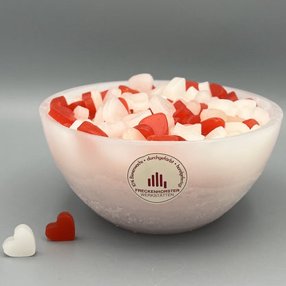 Würfelwachsschale 12 cm, Motiv Herz rot weiß