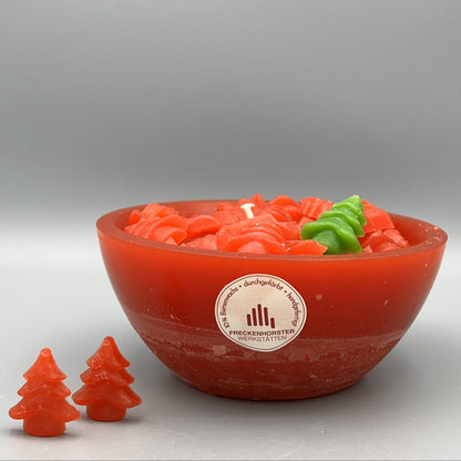 Würfelwachsschale 12 cm, Motiv Tannenbaum rot