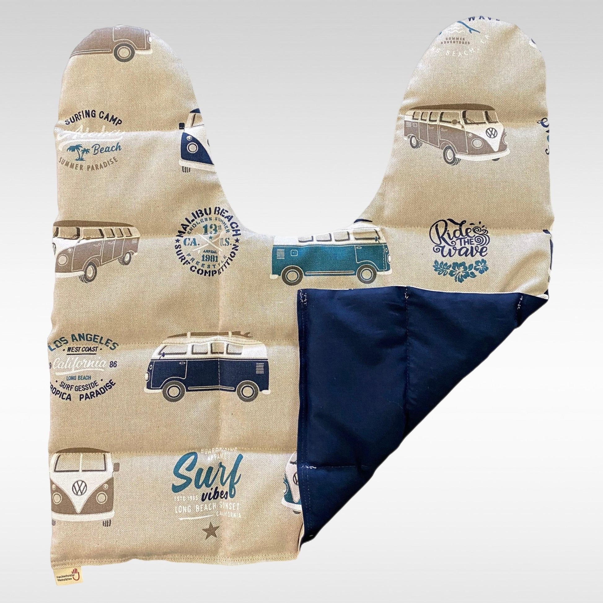 Körnerkissen Rücken/Schultern Muster VW-Bus, Rückseite blau