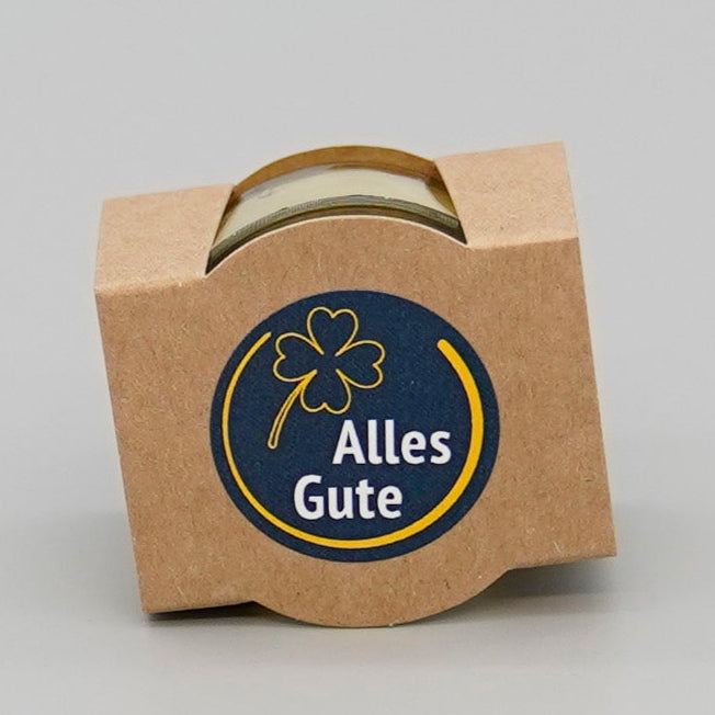 verpacktes Teelicht mit Aufschrift Alles Gute