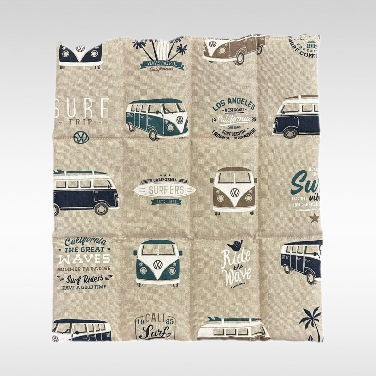 Körnerkissen mit 12 Kammern in beige-blau mit VW-Bullis als Muster