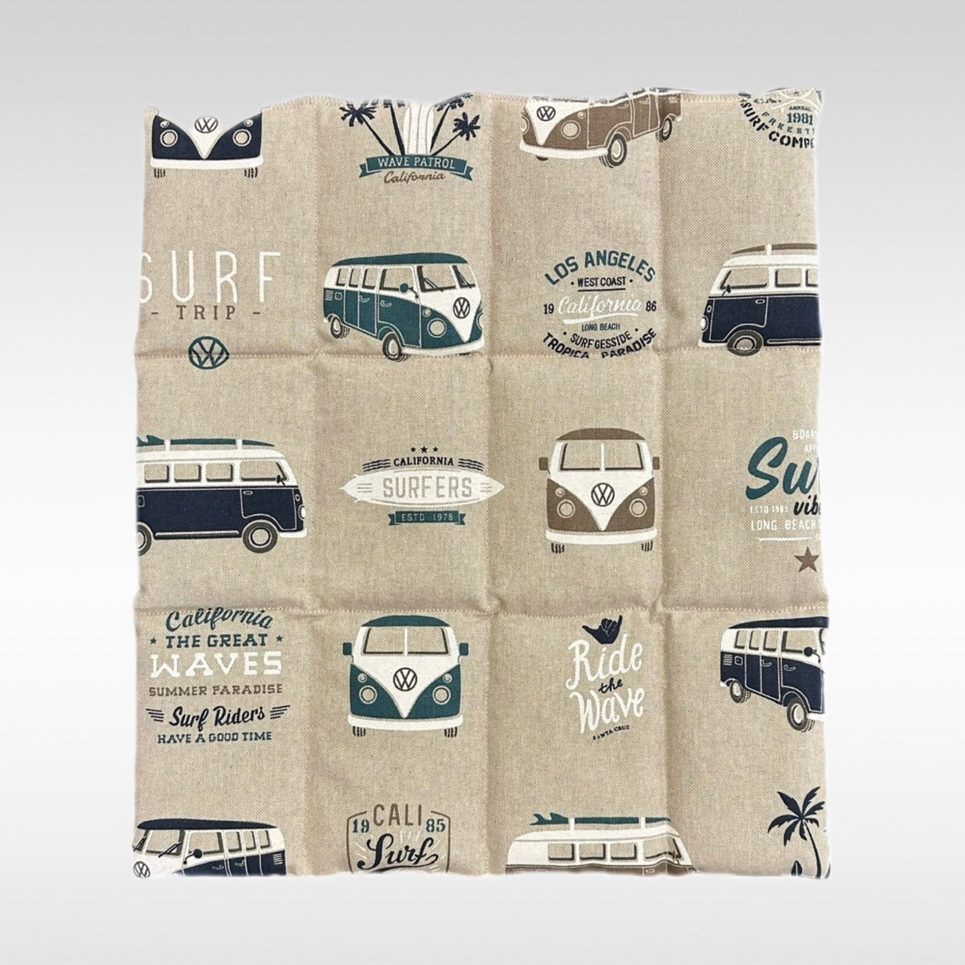 Körnerkissen mit 12 Kammern in beige-blau mit VW-Bullis als Muster