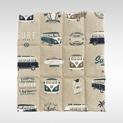 Körnerkissen mit 12 Kammern in beige-blau mit VW-Bullis als Muster