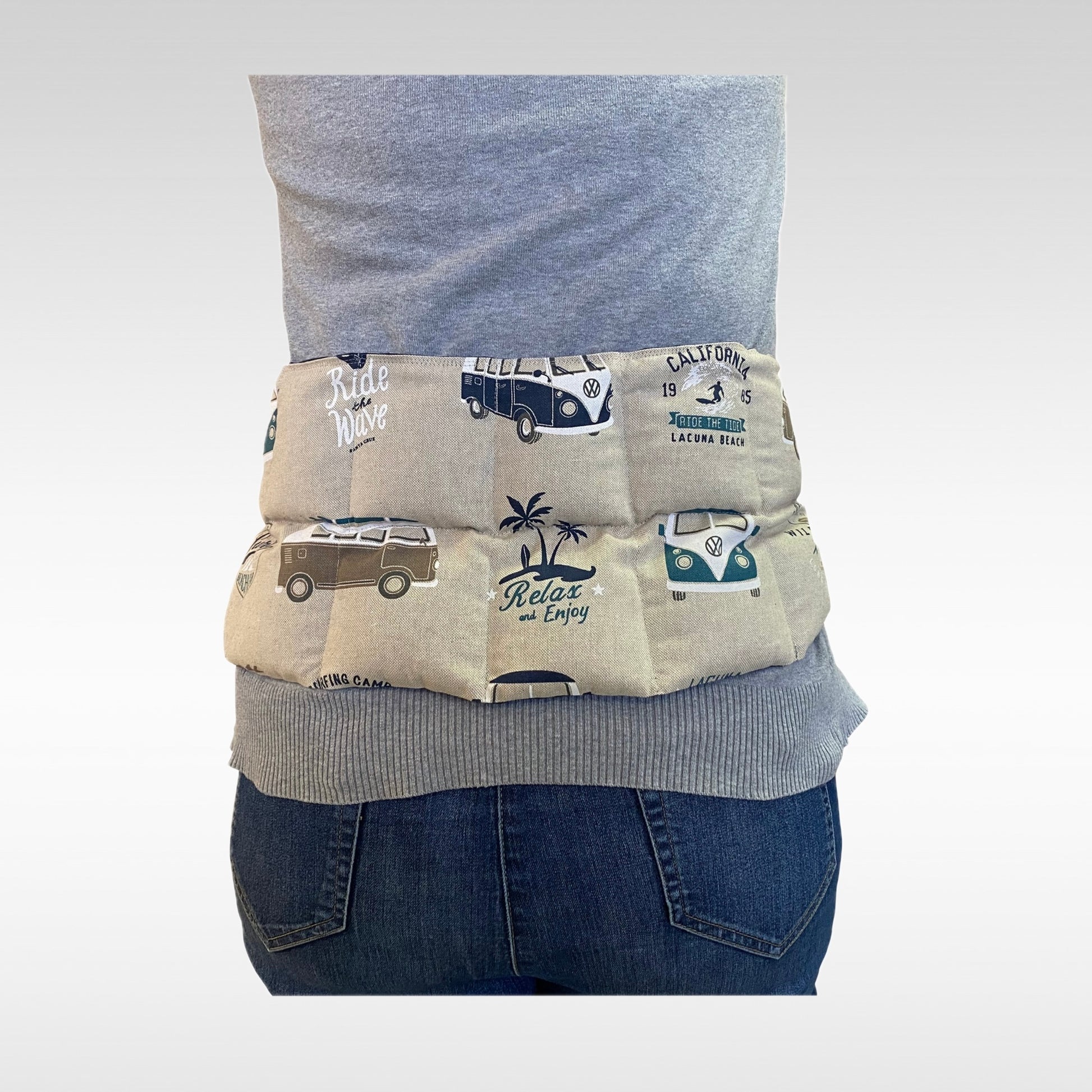 Körnerkissen zum Umbinden in beige-blau mit VW-Bullis als Muster