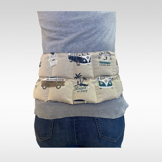 Körnerkissen zum Umbinden in beige-blau mit VW-Bullis als Muster