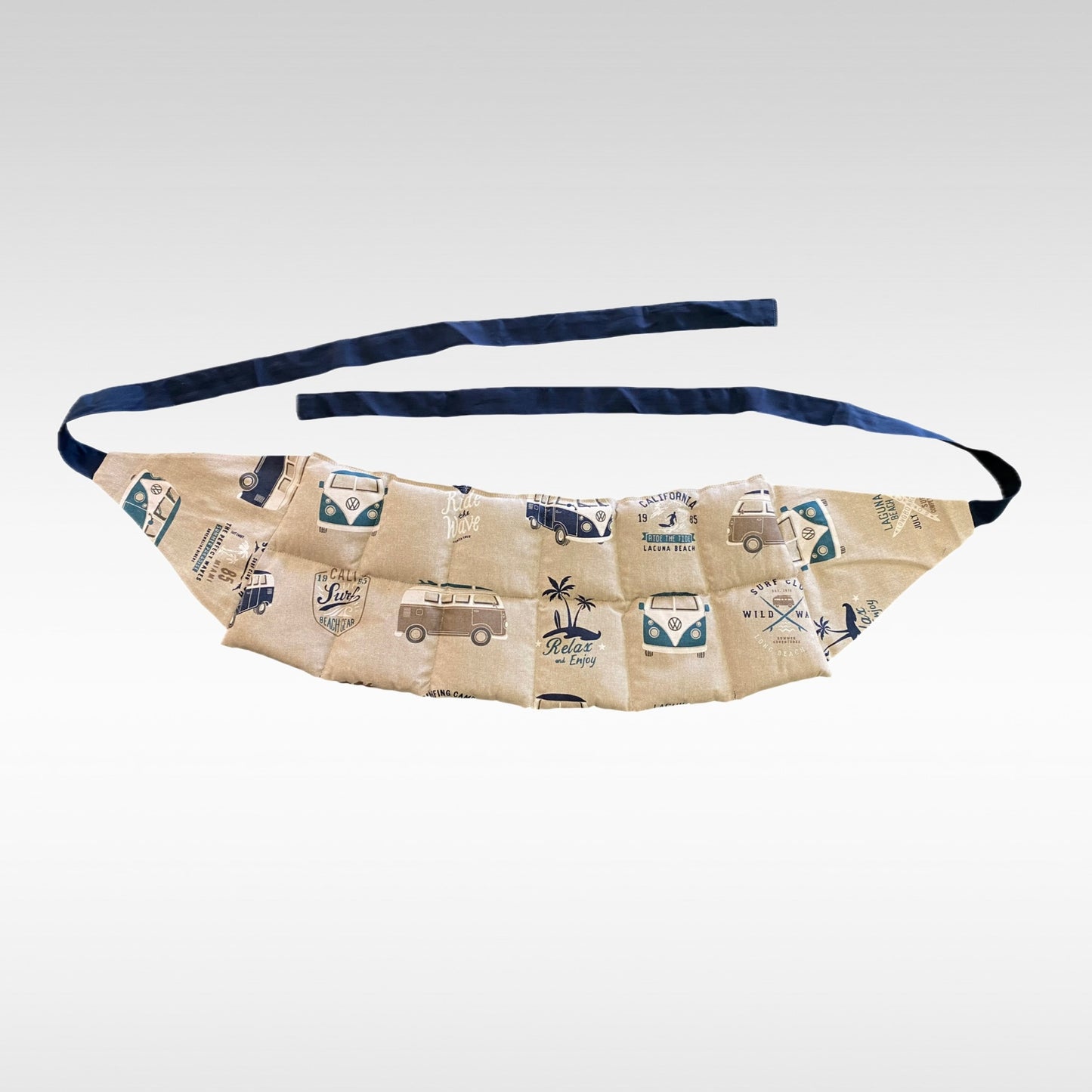 Körnerkissen zum Umbinden in beige-blau mit VW-Bullis als Muster