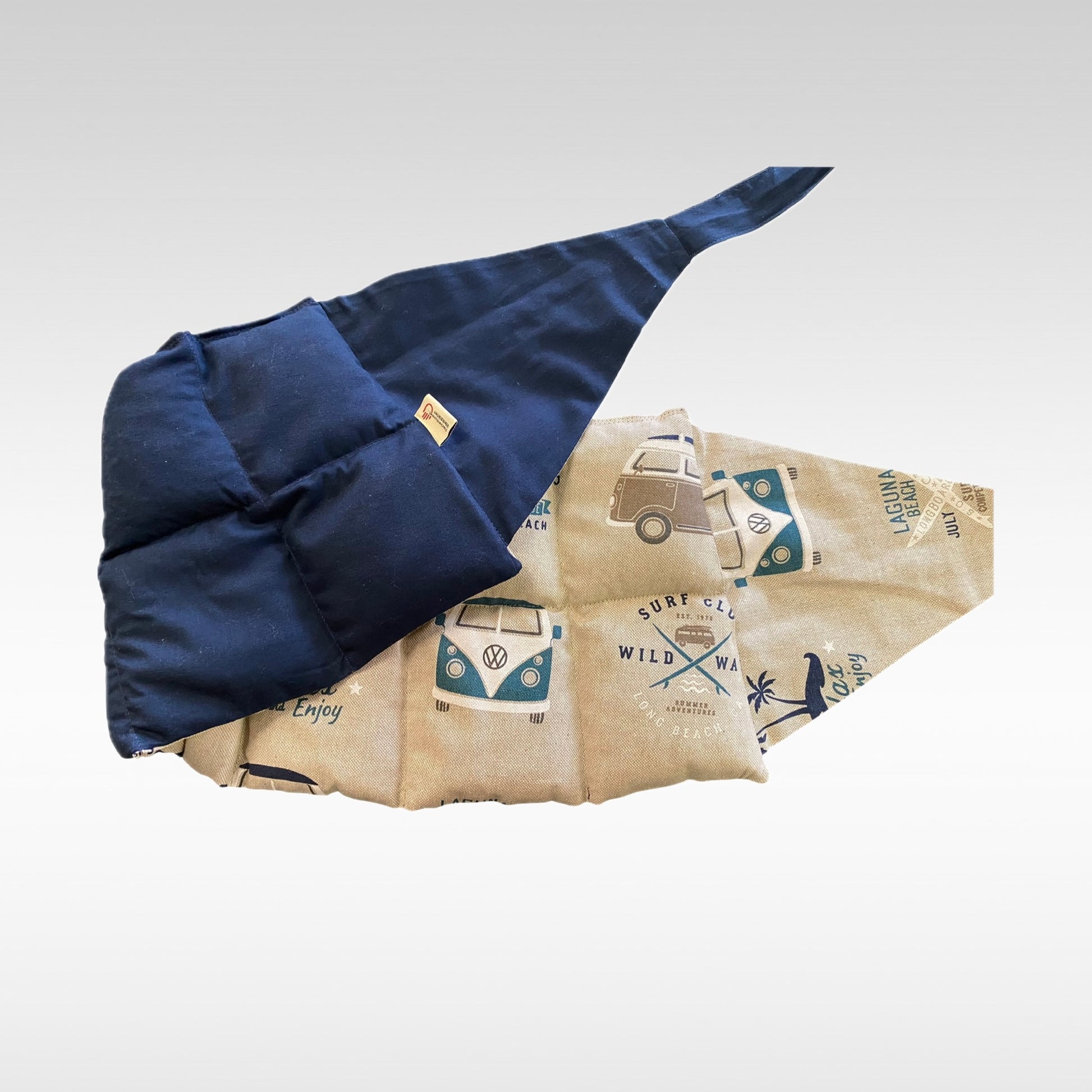 Körnerkissen zum Umbinden in beige-blau mit VW-Bullis als Muster