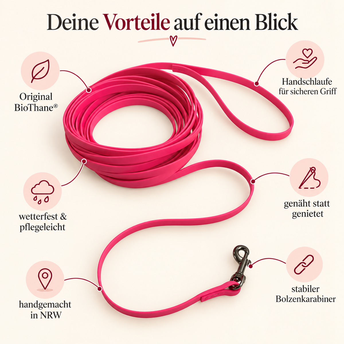 BioThane® Schleppleine genäht | mit Handschlaufe | div. Ausführungen